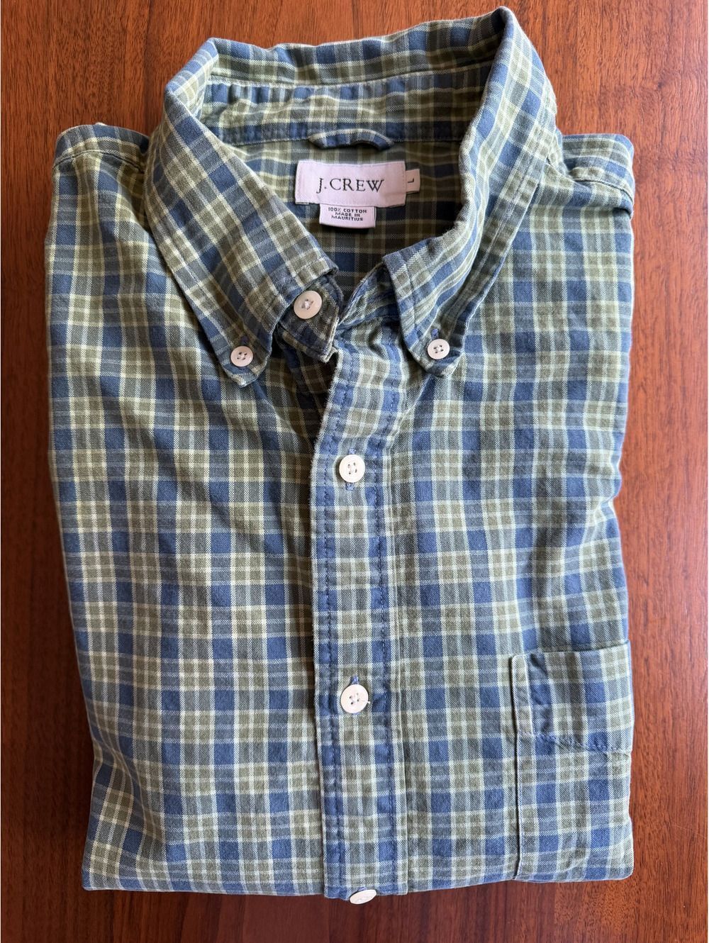 J.Crew Men's Green and Blue Plaid Short Sleeve Button Down - Size L